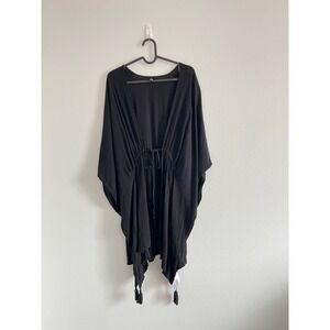 BCBG Paris Black Tassel Gauze Rayon Kimono Swim Cover Up 2/3XL Boho